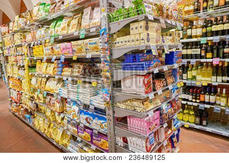 ROME, ITALY - CIRCA NOVEMBER 2017: inside Carrefour Express store in Rome. Carrefour Express is a convenience store chain owned and operated by French retailer Carrefour.