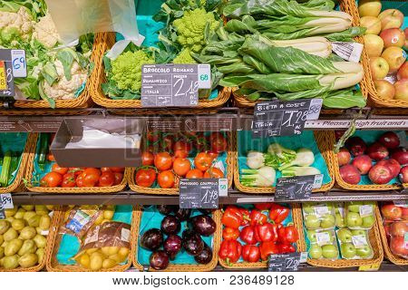ROME, ITALY - CIRCA NOVEMBER 2017: food on display at Carrefour Express store in Rome. Carrefour Express is a convenience store chain owned and operated by French retailer Carrefour.