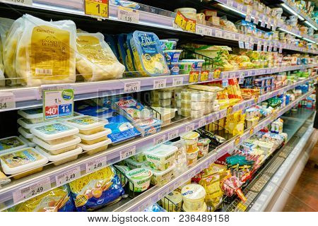 ROME, ITALY - CIRCA NOVEMBER 2017: inside Carrefour Express store in Rome. Carrefour Express is a convenience store chain owned and operated by French retailer Carrefour.