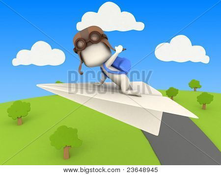 3D Illustration af barn ridning et papir fly