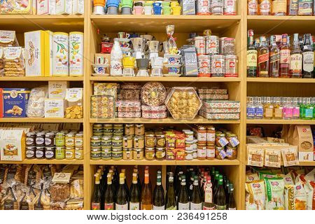 ROME, ITALY - CIRCA NOVEMBER 2017: shelves in a grocery store in Rome.