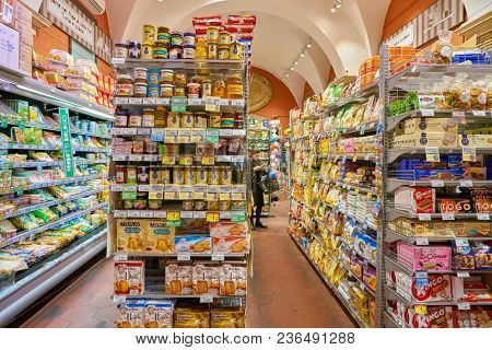 ROME, ITALY - CIRCA NOVEMBER 2017: inside Carrefour Express store in Rome. Carrefour Express is a convenience store chain owned and operated by French retailer Carrefour.