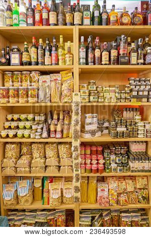 ROME, ITALY - CIRCA NOVEMBER 2017: shelves in a grocery store in Rome.
