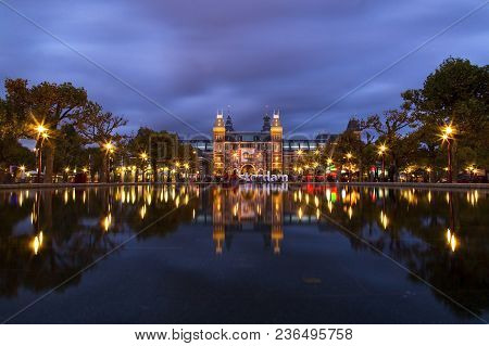 The Netherlands, Amsterdam. 23 January, 2015. The Rijksmuseum Amsterdam Museum Area With Pool And Th