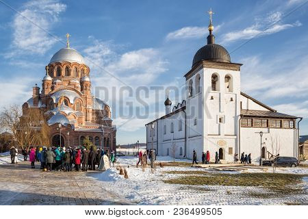 Sviyazhsk, Russia - January 05, 2018: Excursion Group On The Territory Of  Saint John The Baptist Mo