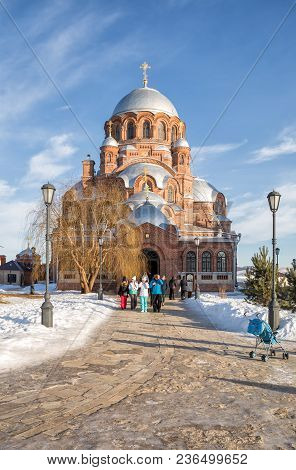 Sviyazhsk, Russia - January 05, 2018: People Come Out Of The Temple On Christmas Eve. Saint John The