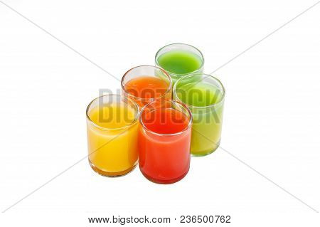 Multicolored Opaque Cocktails, A Set Of Shots A Handful, Five Servings, With A Taste Of Fruits, Vege