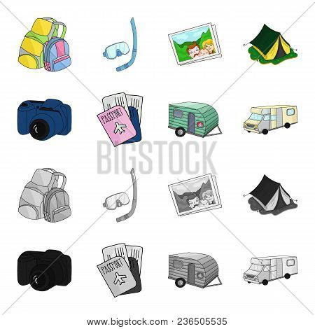 Vacation, Photo, Camera, Passport .family Holiday Set Collection Icons In Cartoon, Monochrome Style 