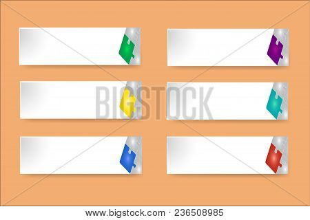 Six White Paper Rectangle Labels With Colorful Puzzle Decor On The Orange Background Ready For Your 
