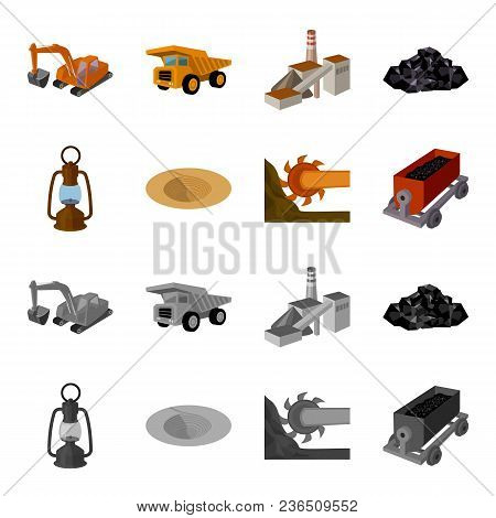 A Miner Lamp, A Funnel, A Mining Combine, A Trolley With Ore.mining Industry Set Collection Icons In