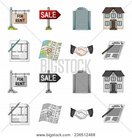 House Plan, Documents For Signing, Handshake, Terrain Plan. Realtor Set Collection Icons In Cartoon,