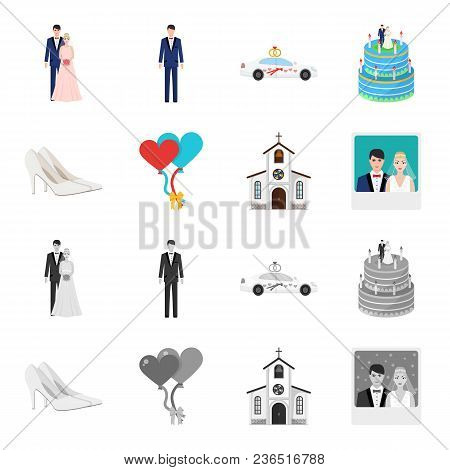 Wedding And Attributes Cartoon, Monochrome Icons In Set Collection For Design.newlyweds And Accessor