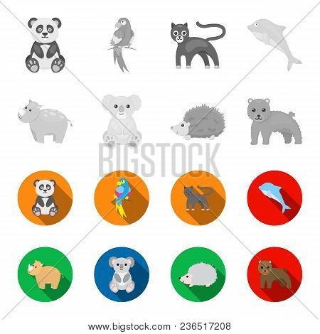 Rhino, Koala, Panther, Hedgehog.animal Set Collection Icons In Monochrome, Flat Style Vector Symbol 