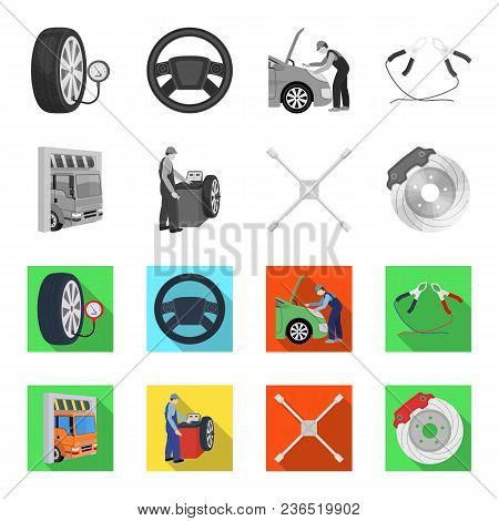 Wheel Balancing, Spanner And Brake Disc Monochrome, Flat Icons In Set Collection For Design.car Main