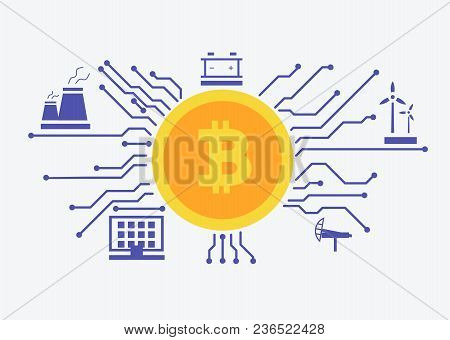 Energy Sources Design For Maining Bitcoin. Microchip Concept As Infographic. Flat Illustration Style