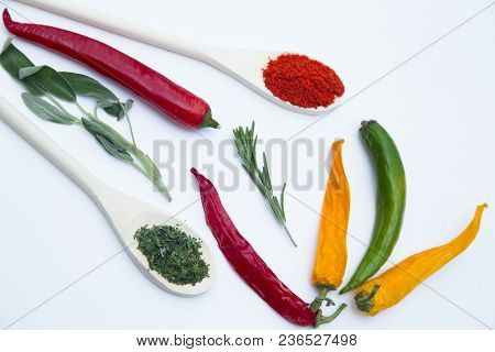 Cooking Hot Spicy Food Concept. Dry Spices And Herbs In Wooden Spoons And Green, Red And Yellow Chil