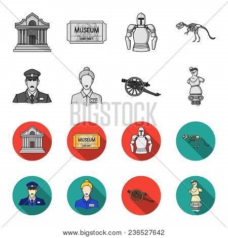 Guard, Guide, Statue, Gun. Museum Set Collection Icons In Monochrome, Flat Style Vector Symbol Stock