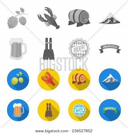 Shorts With Suspenders, A Glass Of Beer, A Sign, An Emblem. Oktoberfest Set Collection Icons In Mono