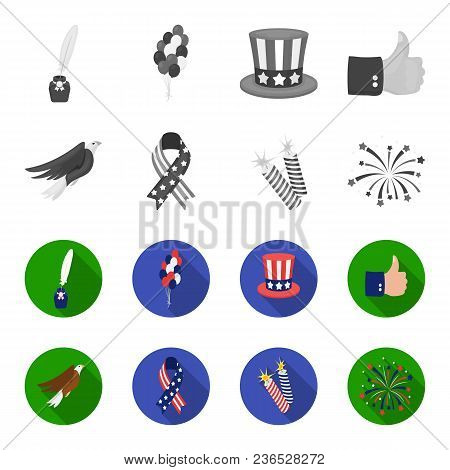 American Eagle, Ribbon, Salute. The Patriot Day Set Collection Icons In Monochrome, Flat Style Vecto