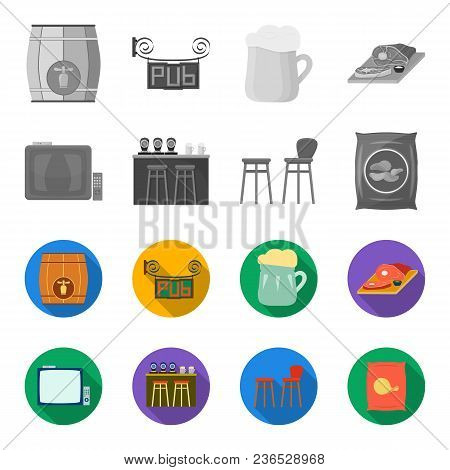 Tv, Bar Counter, Chairs And Armchairs, Potato Chips.pub Set Collection Icons In Monochrome, Flat Sty