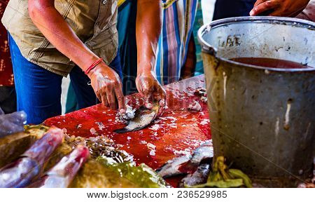 Fisherman Hawker Scaling Fish For Sale In Indian Fish Market At Kolkata