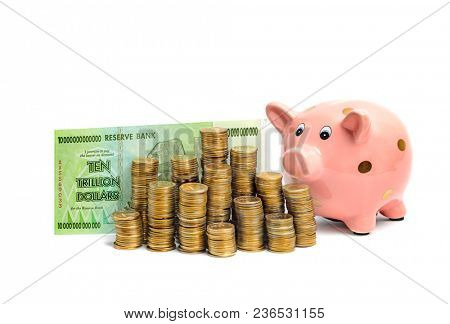 Coin piggy bank with Trillion dollar bill and money tower columns on white background