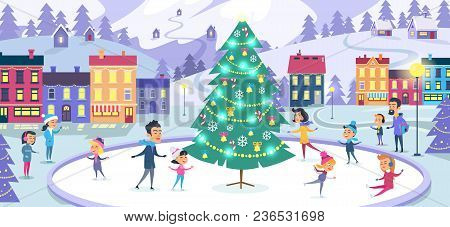 Cartoon Smiling People Of Different Ages On Icerink In Flat Design. Christmas Entertainments In Deco