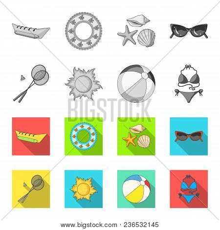 A Game Of Badminton, A Ball And The Sun.summer Vacation Set Collection Icons In Monochrome, Flat Sty