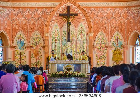 Chantaburi, Thailand - January 1, 2016: Group Of Pastors Doing Religion Ceremony  While Christian Pe