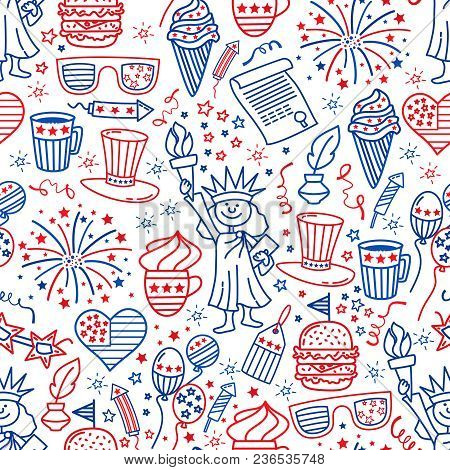 4 July. Usa Independence Day Seamless Background.hand Draw Traditional United States Symbols . Doodl