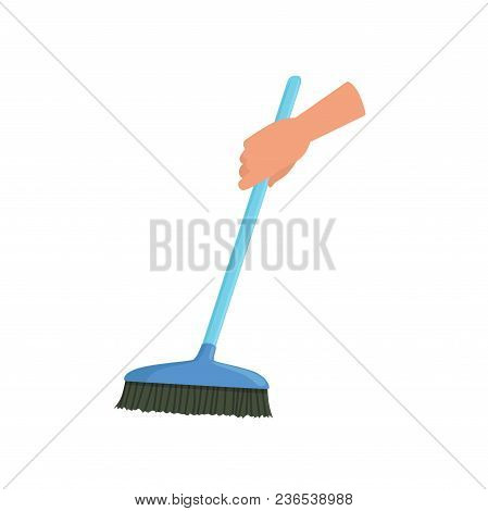 Hand Holding Blue Sweeping Broom, Human Hand With Tool For Cleaning, Housework Concept Vector Illust