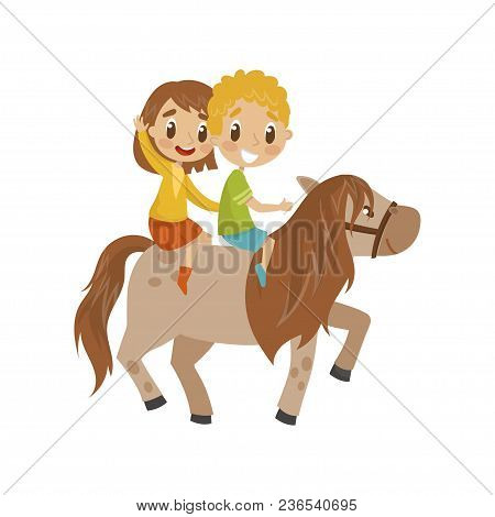 Cute Litlle Boy And Girl Riding A Horse, Equestrian Sport Concept Cartoon Vector Illustration Isolat