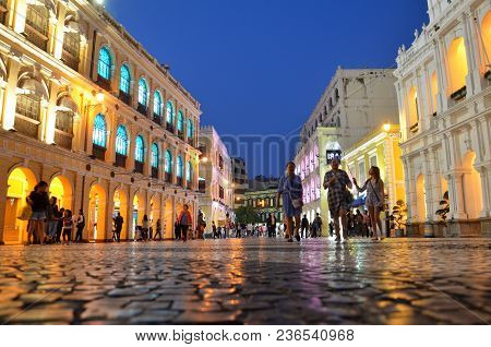 Macau, China- 07 Apr, 2018: Tourists Visit The Historic Center Of Macau - Senado Square. Historic Ce
