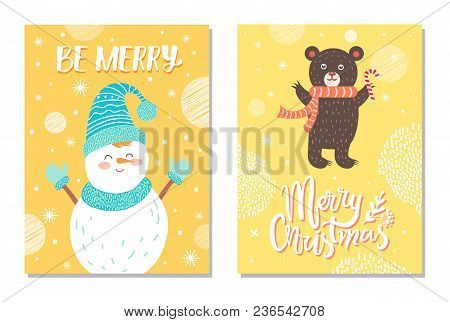 Merry Christmas Postcards With Smiling Snowman In Blue Knitted Scarf, Hat And Mittens And Brown Bear
