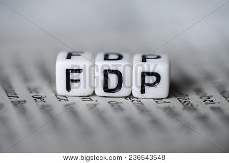 Word Fdp Formed By Wood Alphabet Blocks On Newspaper German Party Politics Closeup