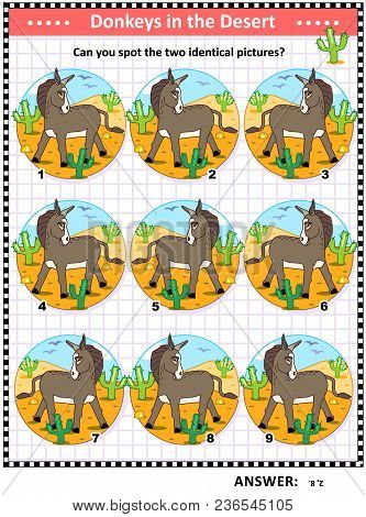 Visual Logic Puzzle With Donkeys, Or Burros: Can You Find The Two Identical Pictures? Answer Include