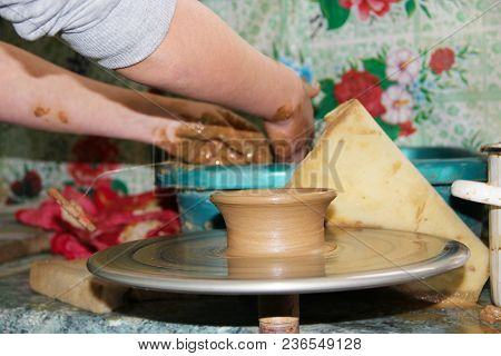 Pottery Making Process. Ceramic From Clay. Potters In Work. Art Of Pottery