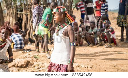 Omo Valley, Ethiopia - September 2017: Unidentified Girl From The Tribe Of Hamar In The Omo Valley O