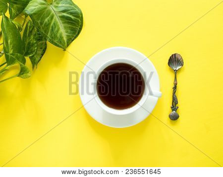 Green Leaves Plant Coffee Cup On Yellow Desktop, Flat Lay, Copy Space.
