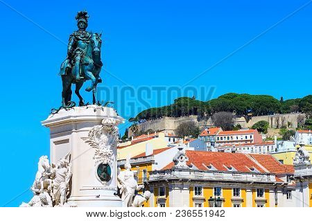 Lisbon, Portugal Landmar, Statue Of King Jose I In Square Of Commerce, Houses And Saint George Castl