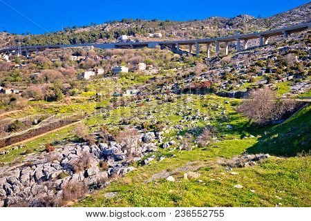 Klis Hillside Village And Split Motorway View, Dalmatia Region Of Croatia