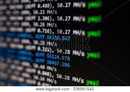 Mining Cryptocurrency Process Program On Display Pc. Using Software.
