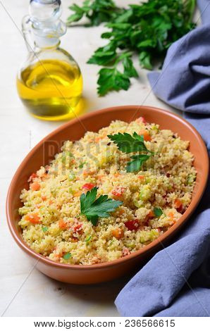 Delicious Vegetarian Couscous, Vegan Meal On Bright Background