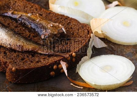 Sprat On A Piece Of Black Bread. Fish With Bread