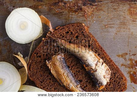 Sprat On A Piece Of Black Bread. Fish With Bread