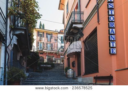 Bellagio, Italy - December 2017: Traditional Italian Street With Pebble Stairs At City Of Como Lake