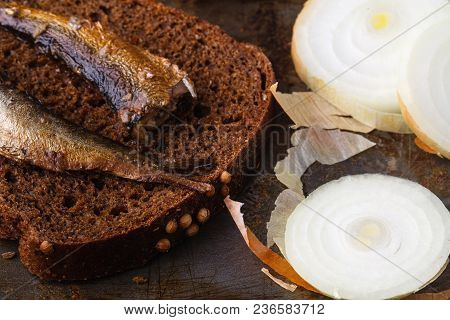 Canned Sprats In Tin Can With Rye Bread. On Rustic Background