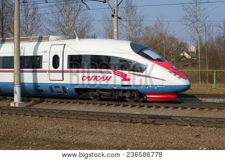 Leningrad Region, Russia - April 09, 2018: The Head Motor Car Of The Modern High-speed Train Evs2 