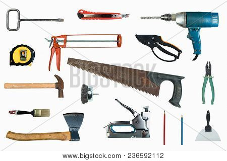 Tool Collage Isolated On A White Background Depicting Carpentry And Construction Tools. Top View