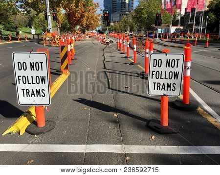 Melbourne, Australia: April 12, 2018: Traffic Is Diverted During The Ongoing Renewal And Maintenance